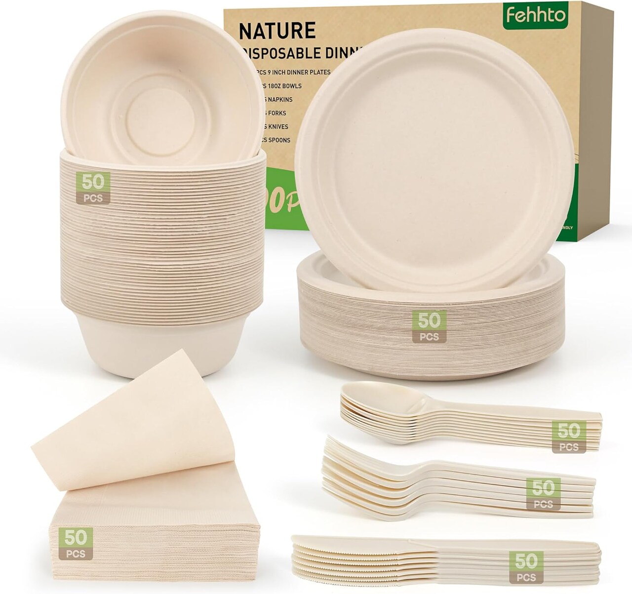 Disposable Paper Plates Set 300PCS Compostable Sugarcane Plates, Bowls, Heavy-duty Utensil, Biodegradable Napkins, Eco-friendly Dinnerware Set for Party Camping 50 People